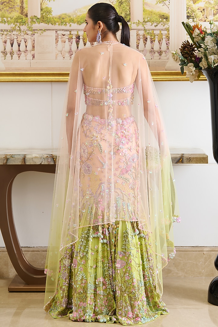 Pastel Pink & Green Viscose Georgette Beads Embroidered Ombre Mermaid Bridal Lehenga Set by Moledro at Pernia's Pop Up Shop