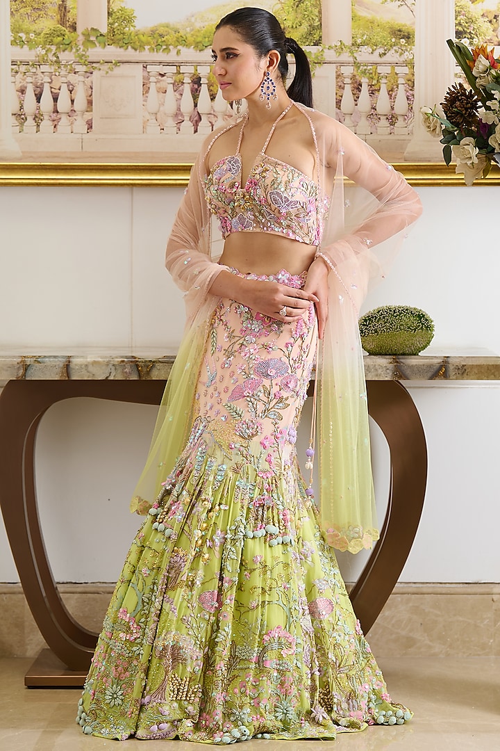Pastel Pink & Green Viscose Georgette Beads Embroidered Ombre Mermaid Bridal Lehenga Set by Moledro at Pernia's Pop Up Shop