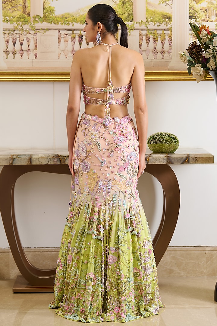 Pastel Pink & Green Viscose Georgette Beads Embroidered Ombre Mermaid Bridal Lehenga Set by Moledro at Pernia's Pop Up Shop