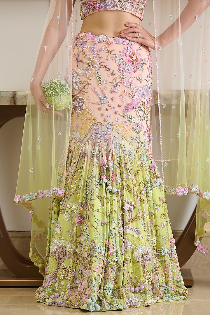 Pastel Pink & Green Viscose Georgette Beads Embroidered Ombre Mermaid Bridal Lehenga Set by Moledro at Pernia's Pop Up Shop