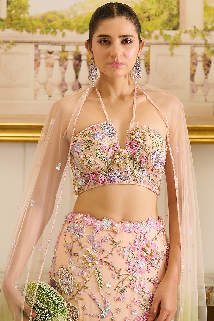 Pastel Pink & Green Viscose Georgette Beads Embroidered Ombre Mermaid Bridal Lehenga Set by Moledro at Pernia's Pop Up Shop