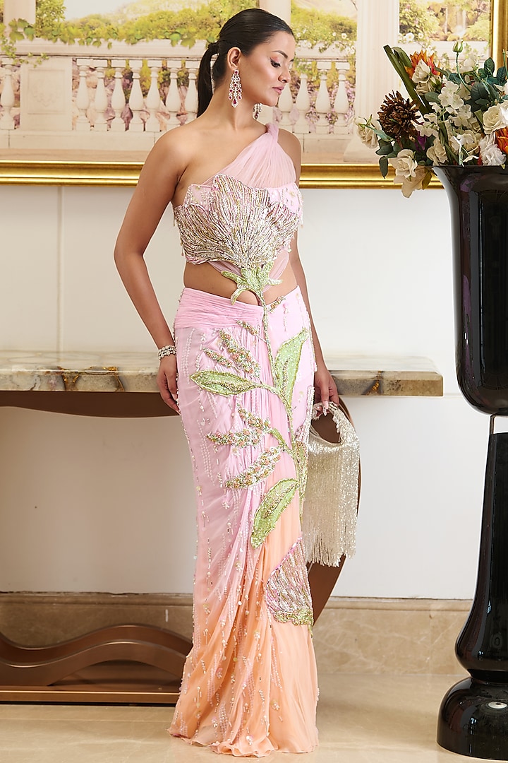 Pink Viscose Georgette Applique Work Pre-Draped Reception Saree Set by Moledro at Pernia's Pop Up Shop