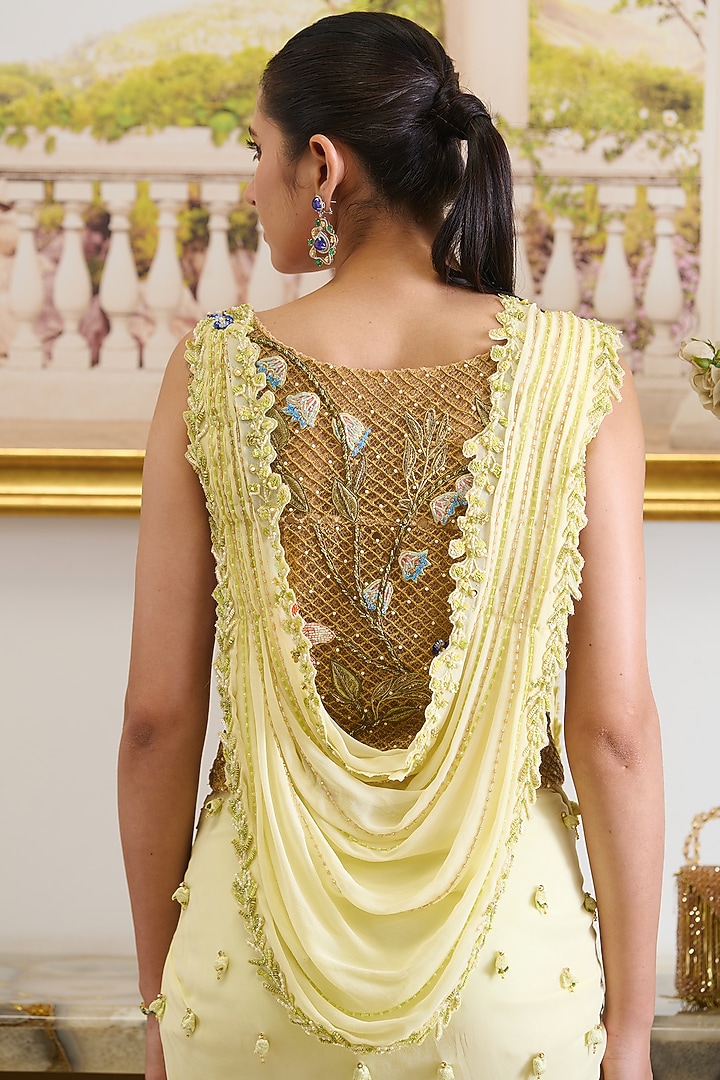Lemon Yellow Viscose Georgette Floral Cutwork Embroidered Pre-Draped Wedding Saree Set by Moledro at Pernia's Pop Up Shop