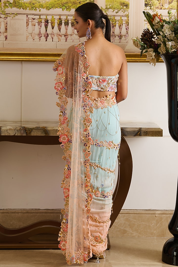Peach & Blue Viscose Georgette Floral Motifs Embellished Dhoti Style Skirt Reception Saree Set by Moledro at Pernia's Pop Up Shop