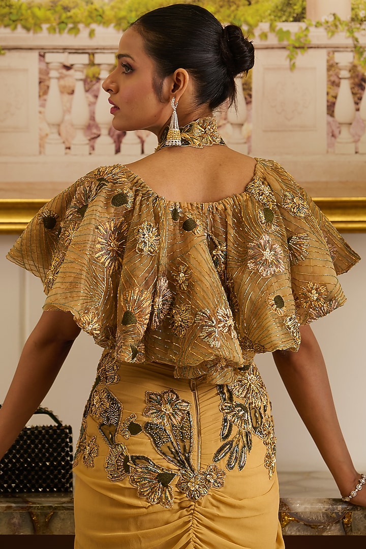Golden Viscose Georgette Floral Motifs Embellished Pre-Stitched Jacket Skirt Reception Saree Set by Moledro at Pernia's Pop Up Shop