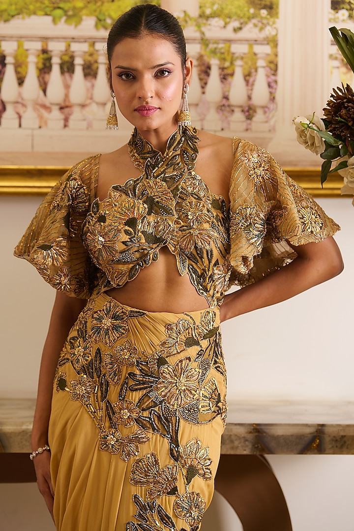 Golden Viscose Georgette Floral Motifs Embellished Pre-Stitched Jacket Skirt Reception Saree Set by Moledro at Pernia's Pop Up Shop