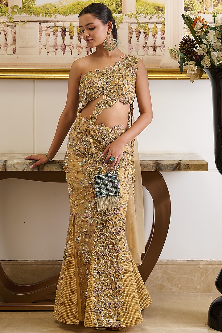 Golden Viscose Organza Floral Motifs Embellished Structured Pre-Draped Skirt Saree Set by Moledro at Pernia's Pop Up Shop