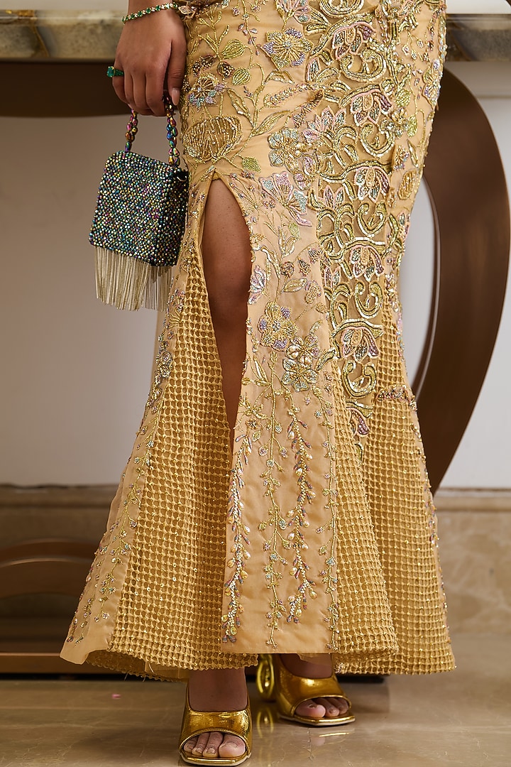 Golden Viscose Organza Floral Motifs Embellished Structured Pre-Draped Skirt Reception Saree Set by Moledro at Pernia's Pop Up Shop