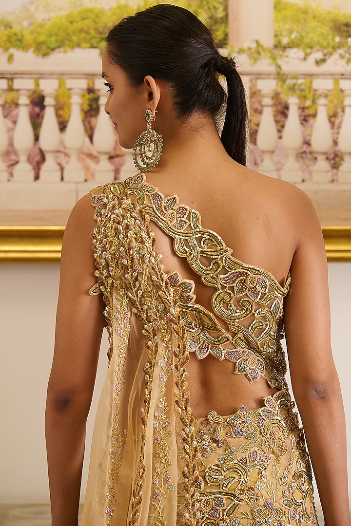 Golden Viscose Organza Floral Motifs Embellished Structured Pre-Draped Skirt Reception Saree Set by Moledro at Pernia's Pop Up Shop