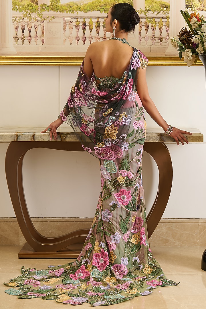 Pink & Green Shimmer Net Floral Applique Work Floral Pre-Draped Skirt Set by Moledro at Pernia's Pop Up Shop