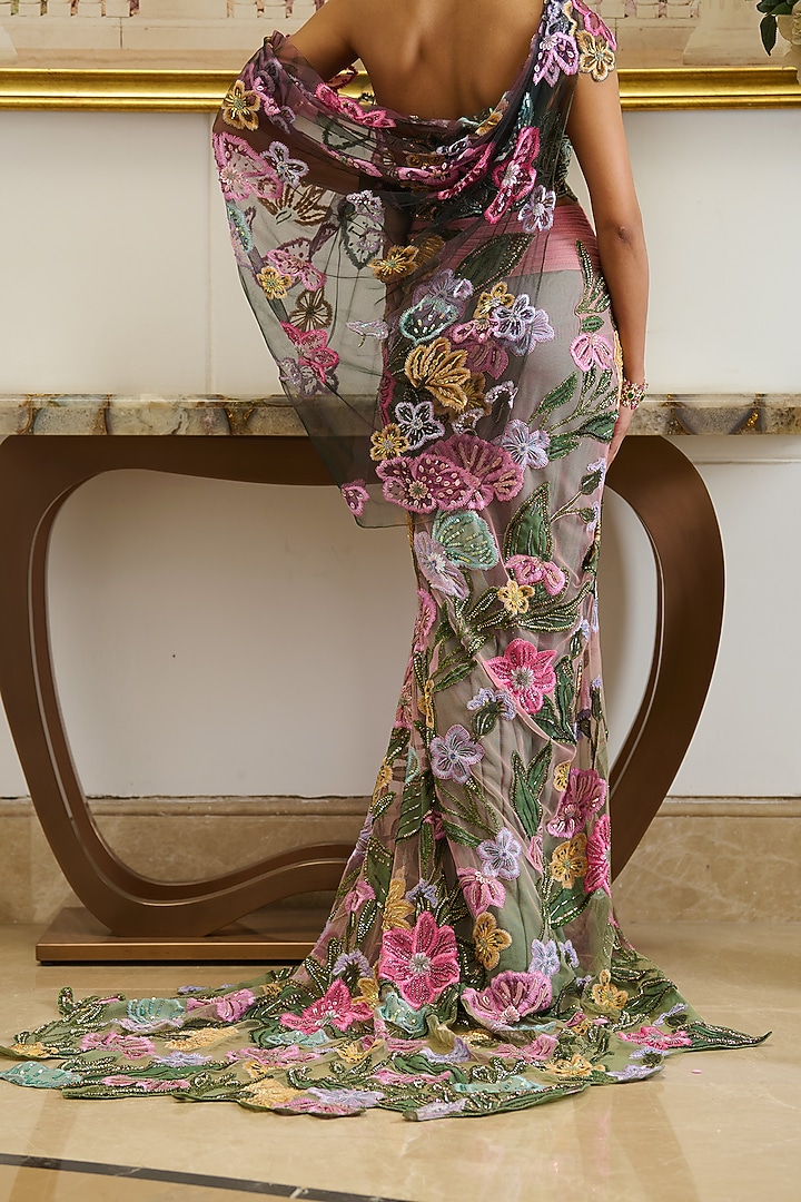 Pink & Green Shimmer Net Floral Applique Work Floral Pre-Draped Skirt Set by Moledro at Pernia's Pop Up Shop