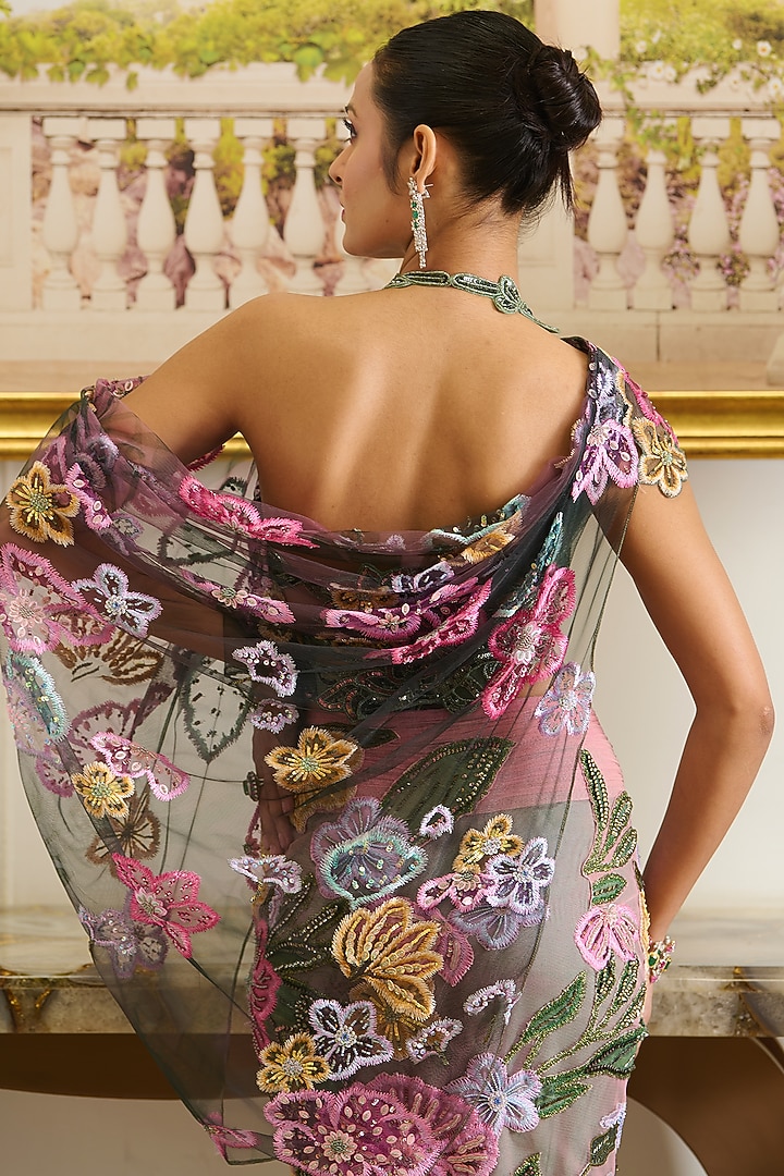 Pink & Green Shimmer Net Floral Applique Work Floral Pre-Draped Skirt Set by Moledro at Pernia's Pop Up Shop