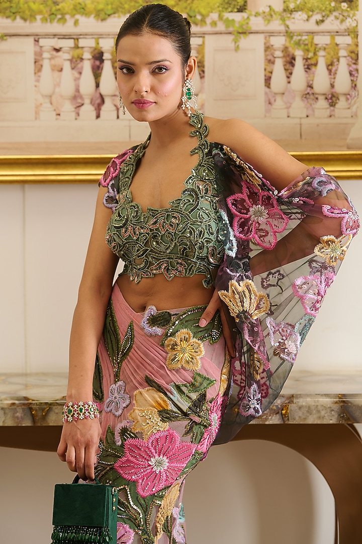 Pink & Green Shimmer Net Floral Applique Work Floral Pre-Draped Skirt Set by Moledro at Pernia's Pop Up Shop
