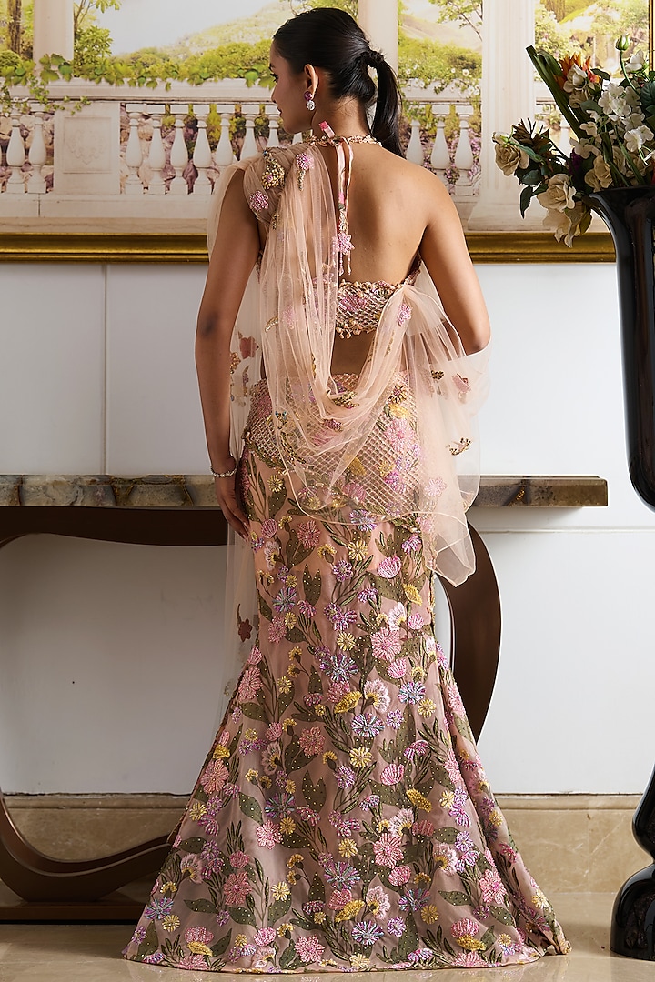 Orange Viscose Organza Floral Motif Work Pre-Draped Skirt Reception Saree Set by Moledro at Pernia's Pop Up Shop