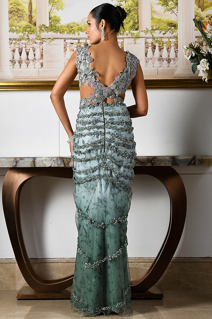 Aqua Blue Viscose Organza Floral Motif Work Pleated Pre-Draped Skirt Reception Saree Set by Moledro at Pernia's Pop Up Shop