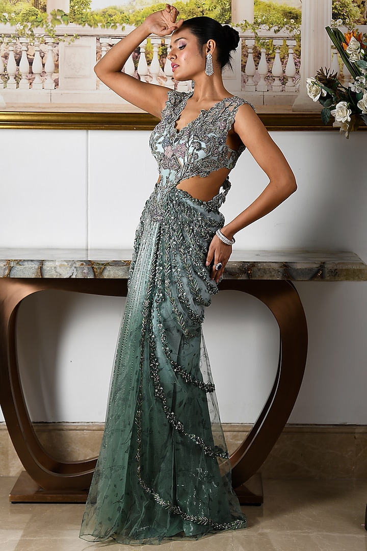 Aqua Blue Viscose Organza Floral Motif Work Pleated Pre-Draped Skirt Reception Saree Set by Moledro at Pernia's Pop Up Shop
