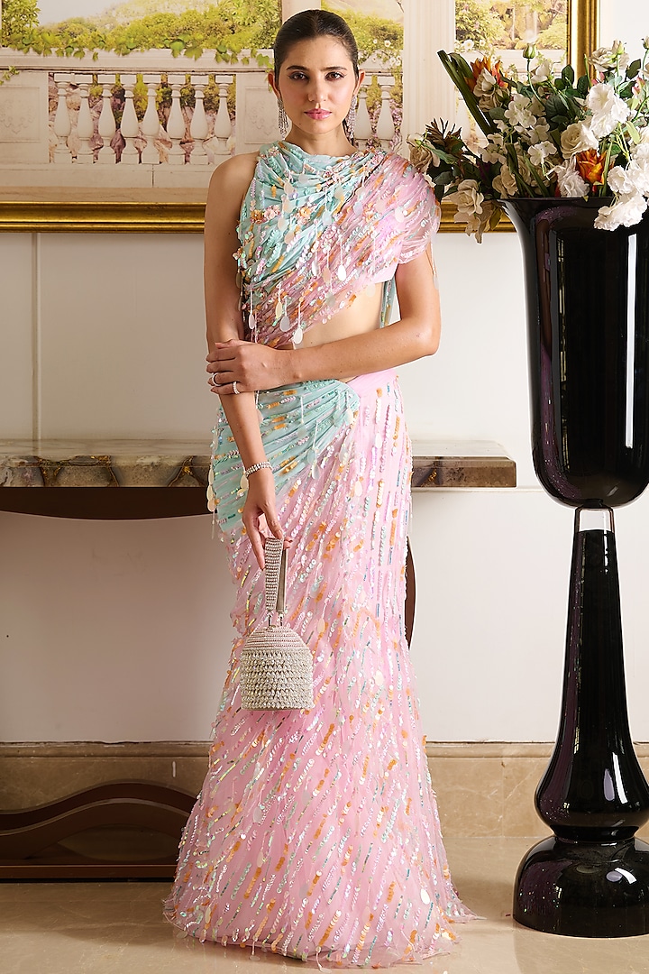 Pastel Pink Tulle Sequins Embellished Pre-Draped Mermaid Style Skirt Saree Set by Moledro at Pernia's Pop Up Shop