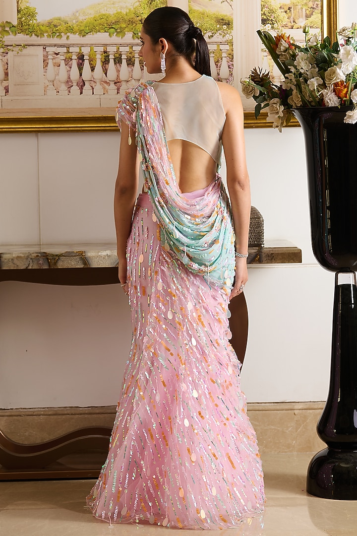 Pastel Pink Tulle Sequins Embellished Pre-Draped Mermaid Style Skirt Reception Saree Set by Moledro at Pernia's Pop Up Shop