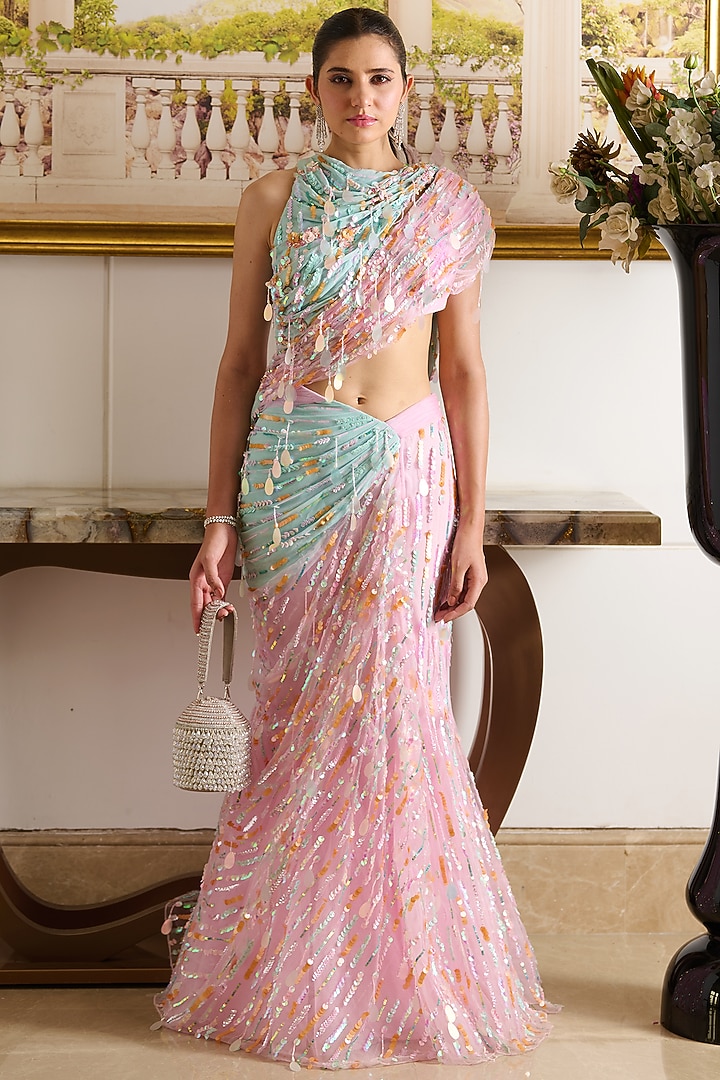 Pastel Pink Tulle Sequins Embellished Pre-Draped Mermaid Style Skirt Reception Saree Set by Moledro at Pernia's Pop Up Shop
