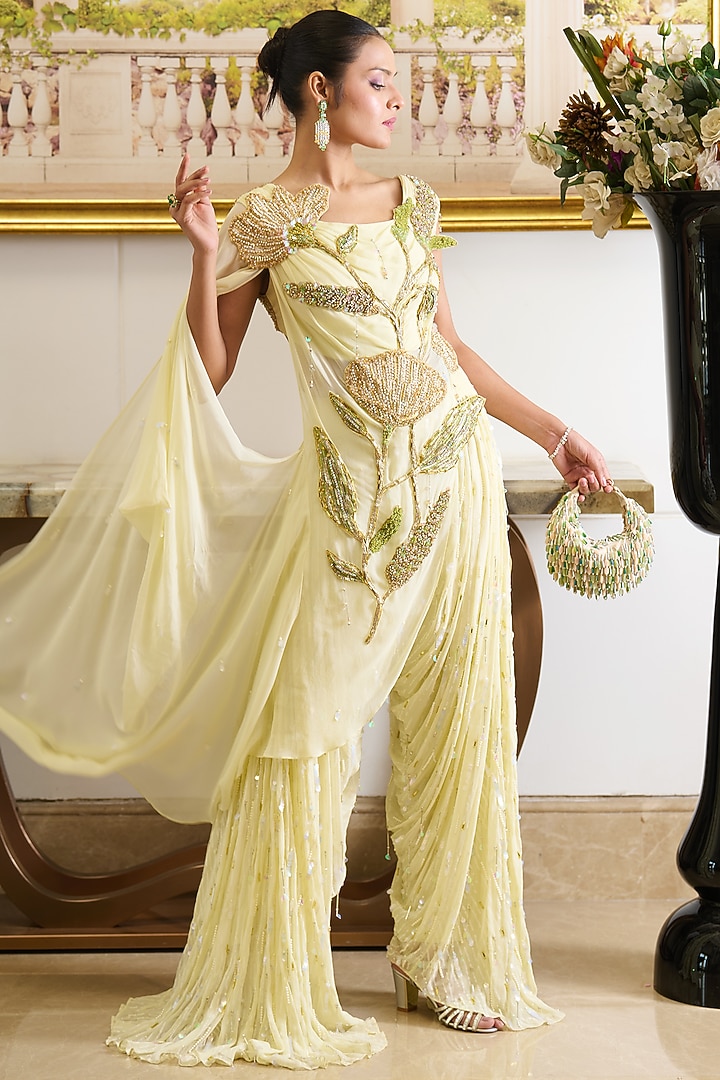 Lemon Yellow Viscose Georgette Floral Motifs Embroidered Co-Ord Set by Moledro at Pernia's Pop Up Shop