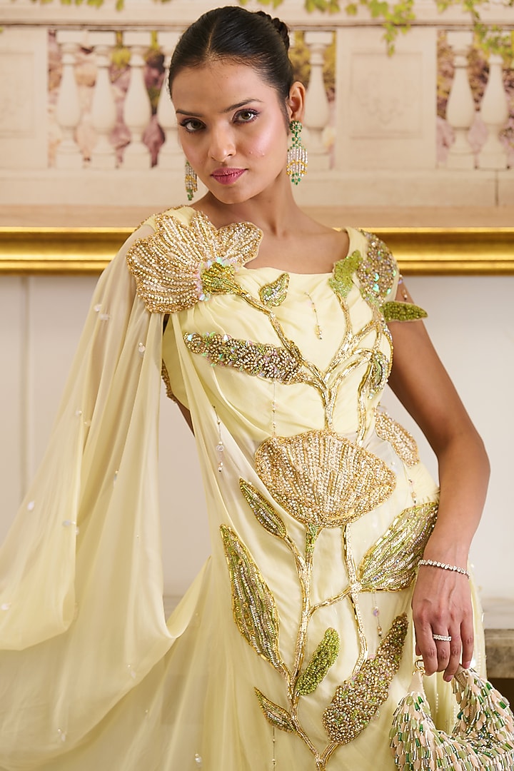 Lemon Yellow Viscose Georgette Floral Motifs Embroidered Co-Ord Set by Moledro at Pernia's Pop Up Shop