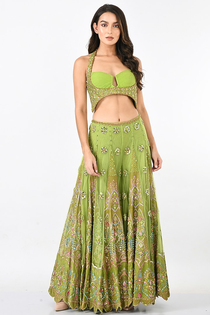 Green Hand Embroidered Bridal Sharara Set With Jacket by Moledro at Pernia's Pop Up Shop