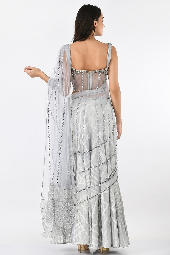 Grey Embroidered Sharara Pant Wedding Saree Set by Moledro at Pernia's Pop Up Shop