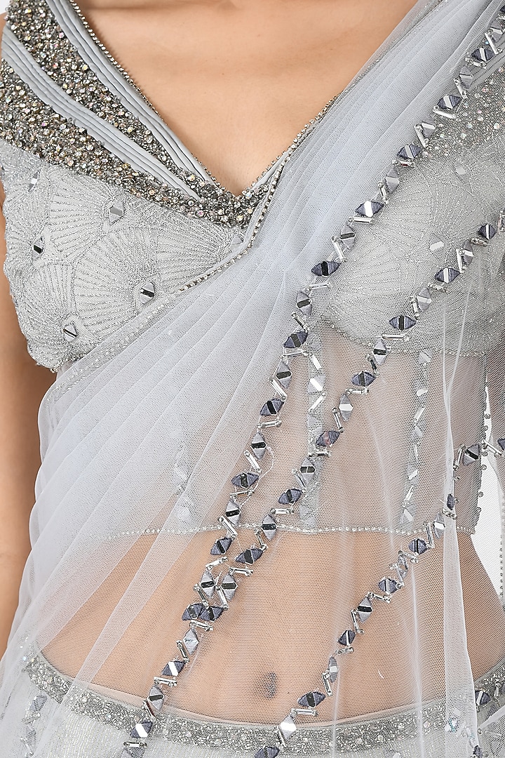 Grey Embroidered Sharara Pant Wedding Saree Set by Moledro at Pernia's Pop Up Shop