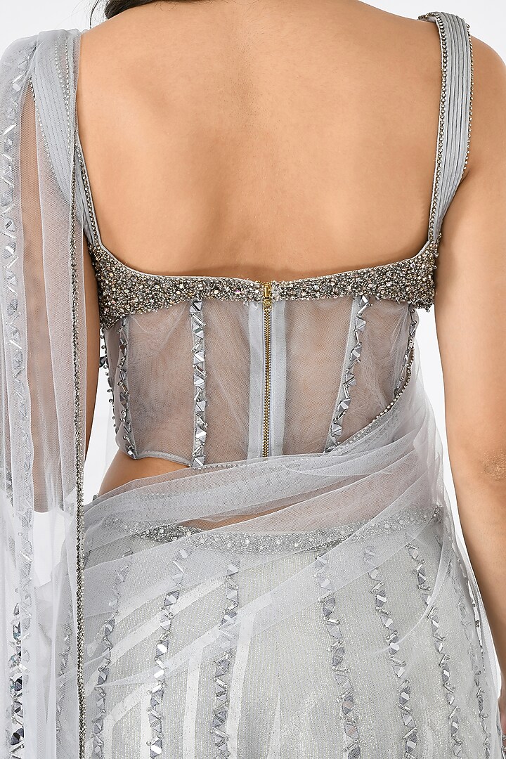 Grey Embroidered Sharara Pant Wedding Saree Set by Moledro at Pernia's Pop Up Shop