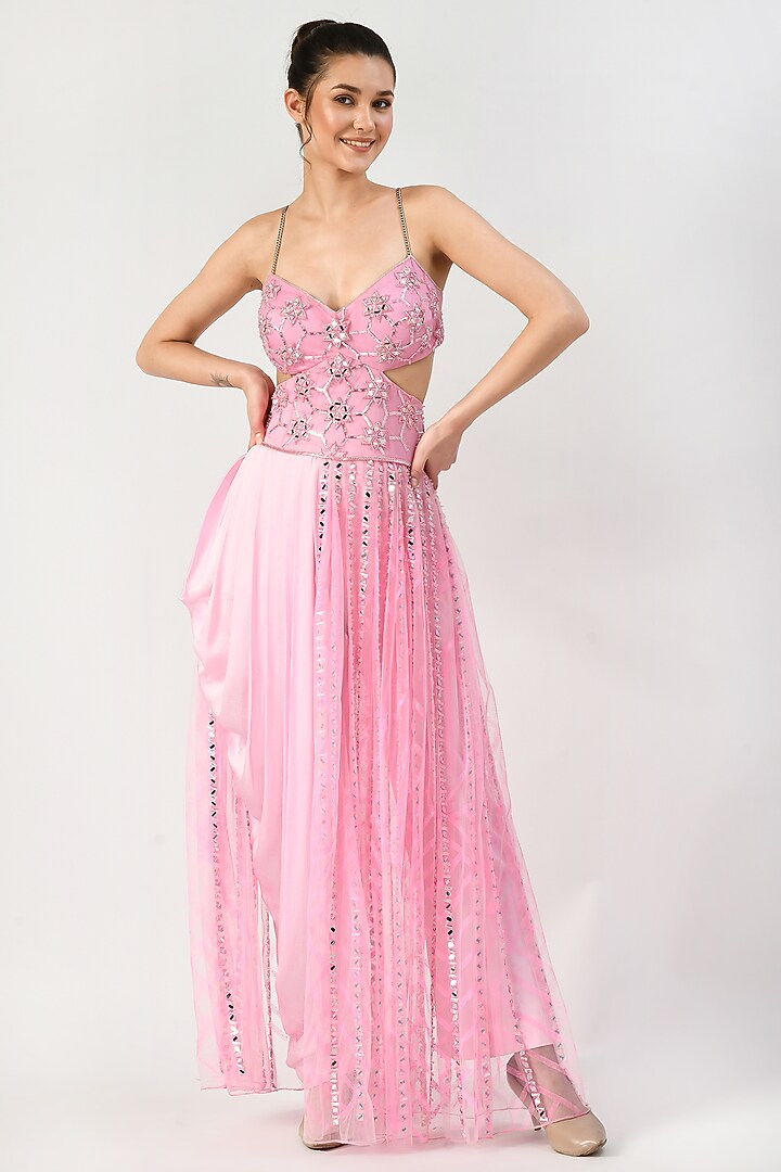 Pink Embroidered Jumpsuit With Cape by Moledro at Pernia's Pop Up Shop