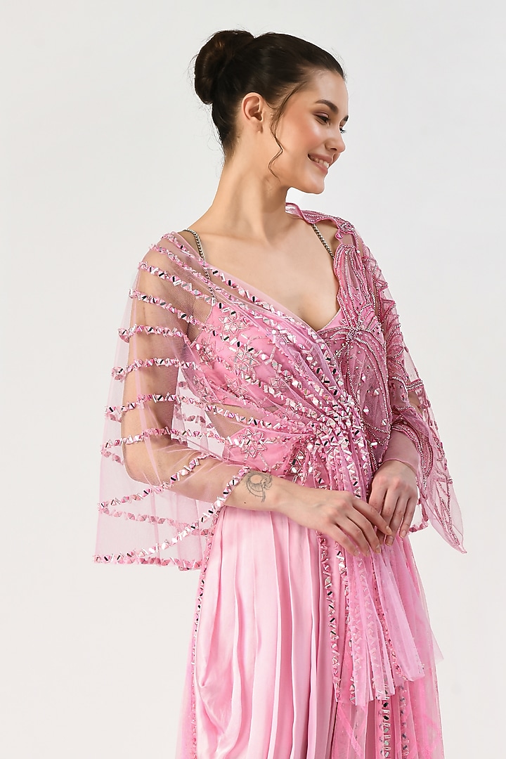 Pink Embroidered Jumpsuit With Cape by Moledro at Pernia's Pop Up Shop