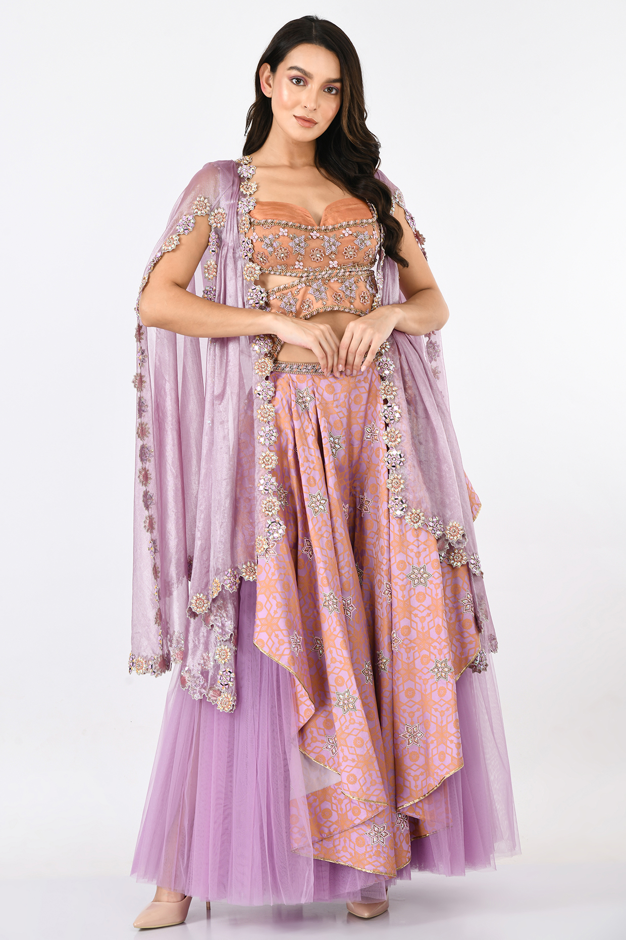 Peach Embellished & Printed Bridal Sharara Set by Moledro at Pernia's Pop Up Shop