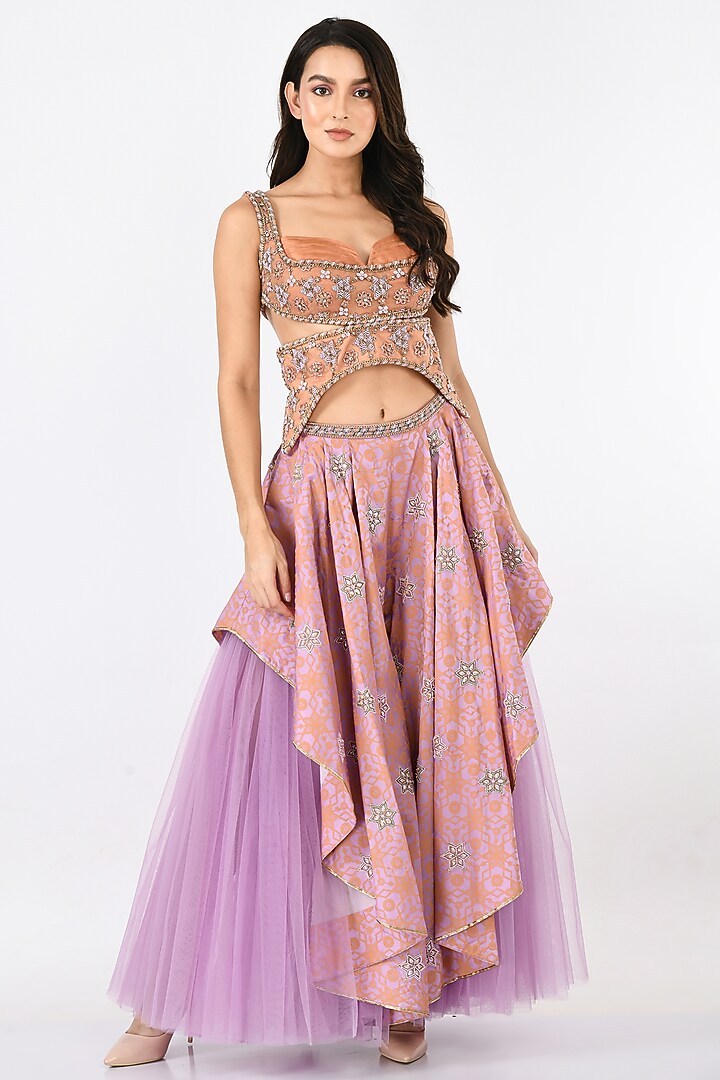 Peach Embellished & Printed Bridal Sharara Set by Moledro at Pernia's Pop Up Shop