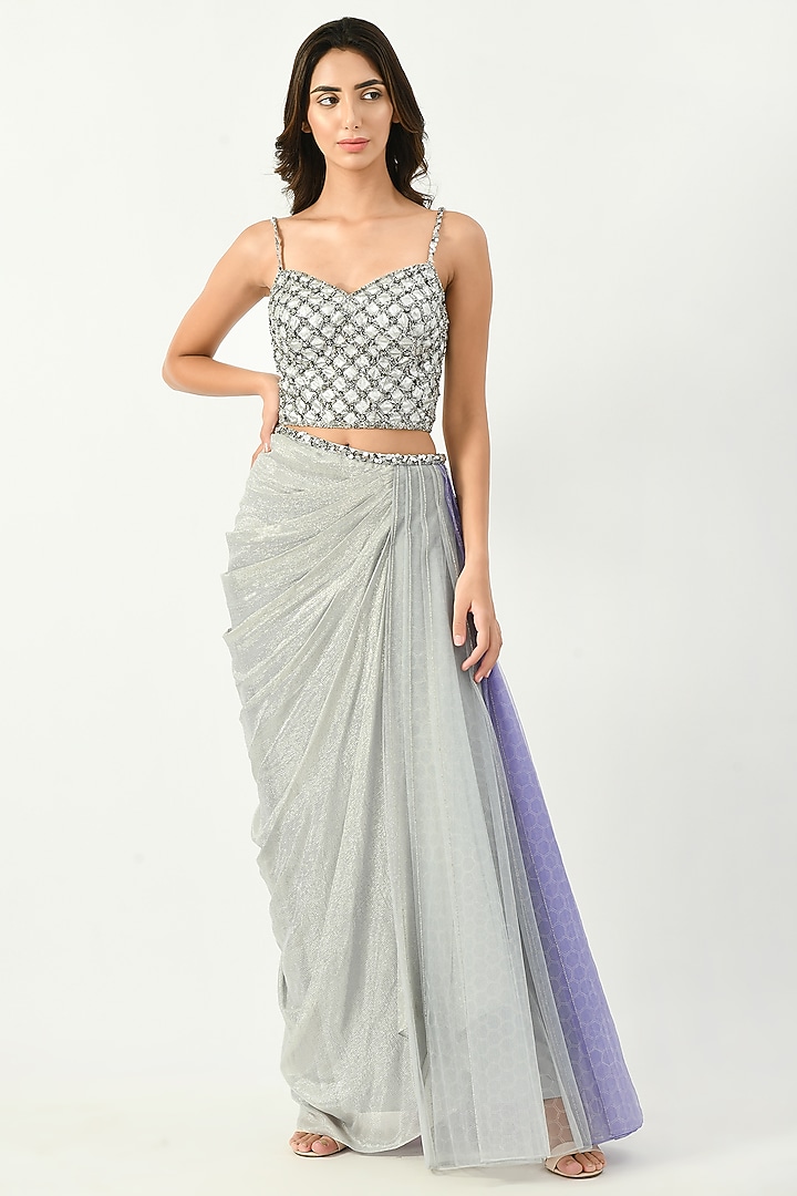 Silver Embellished Draped Skirt Set by Moledro at Pernia's Pop Up Shop