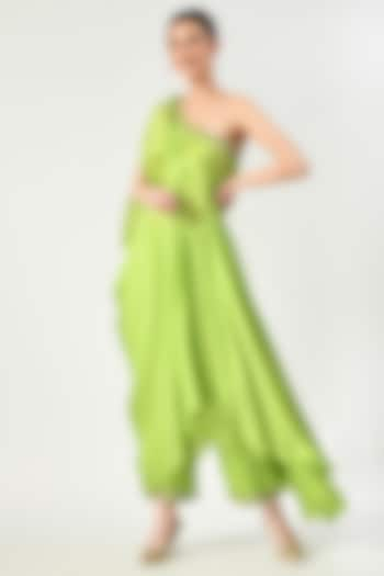 Green Embellished One-Shoulder Kaftan Set by Moledro at Pernia's Pop Up Shop