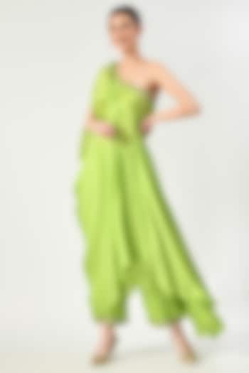 Green Embellished One-Shoulder Kaftan Set by Moledro