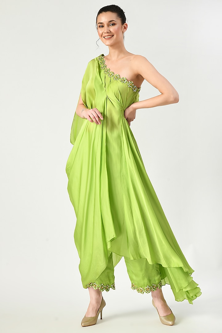 Green Embellished One-Shoulder Kaftan Set by Moledro