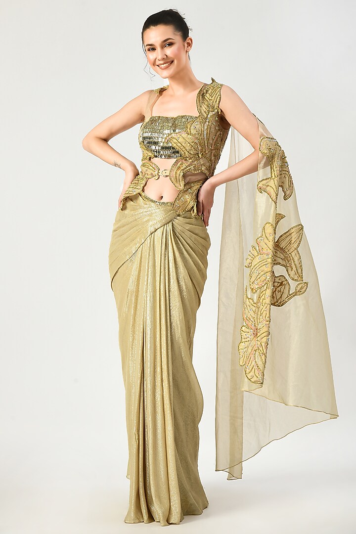 Gold Embroidered Draped Saree Set by Moledro