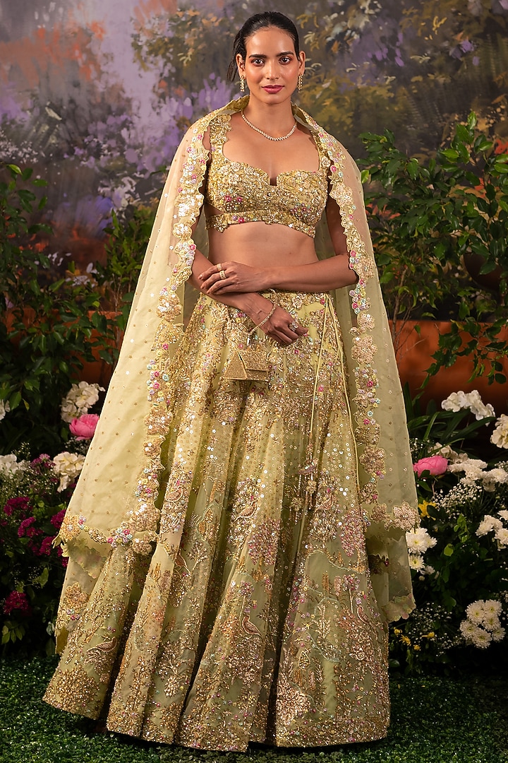 Sage Green Organza Dabka Embroidered Bridal Lehenga Set by MOLEDRO at Pernia's Pop Up Shop
