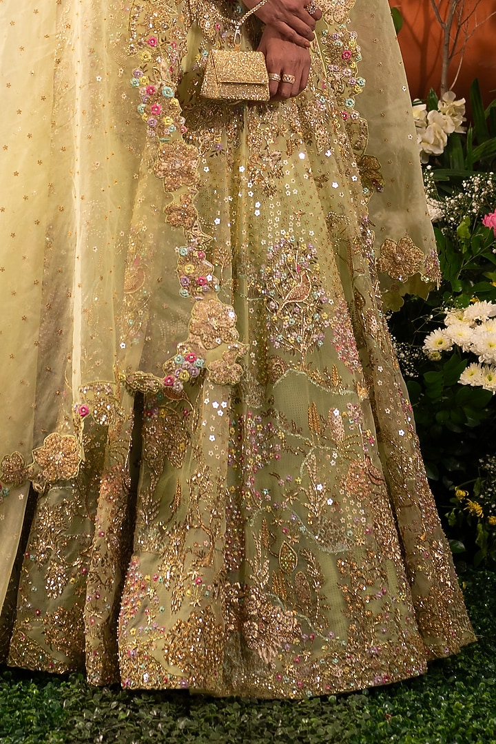 Sage Green Organza Dabka Embroidered Bridal Lehenga Set by MOLEDRO at Pernia's Pop Up Shop