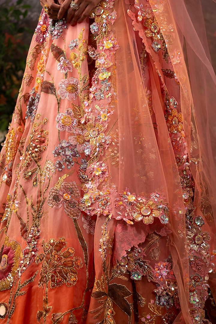 Coral Pink Organza Sequins Hand Embroidered Bridal Lehenga Set by MOLEDRO at Pernia's Pop Up Shop