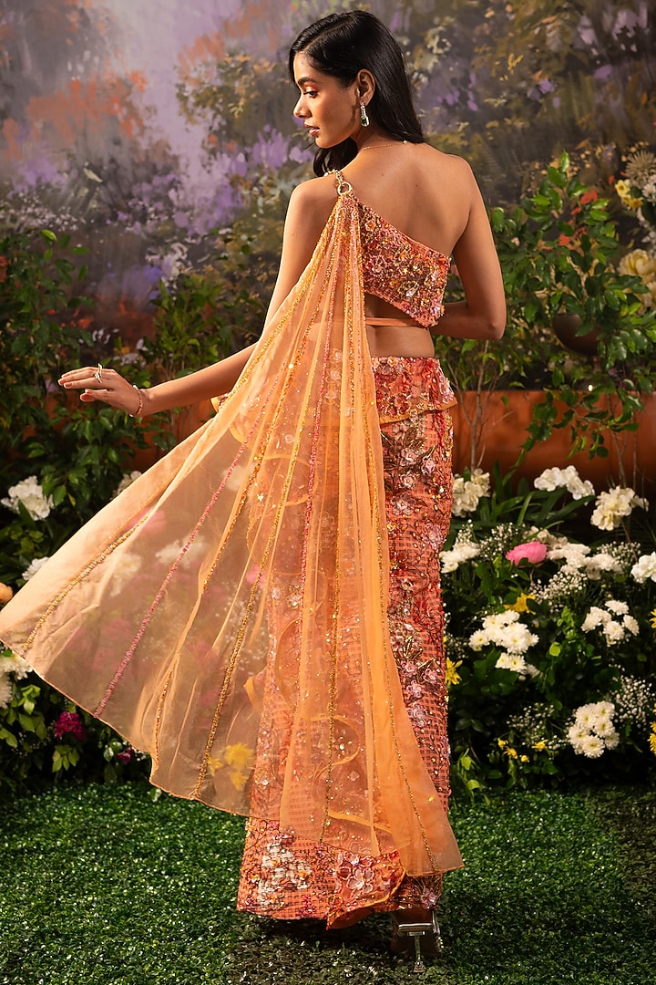 Coral Textured Fabric & Organza Sequins Work Pre-Draped Ruffled Reception Saree Set by MOLEDRO at Pernia's Pop Up Shop