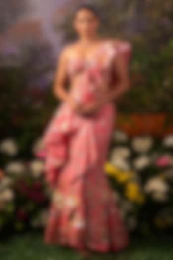 Pink Modal Satin & Organza Sequins Embroidered Pre-Draped Ruffled Reception Saree Set by MOLEDRO at Pernia's Pop Up Shop