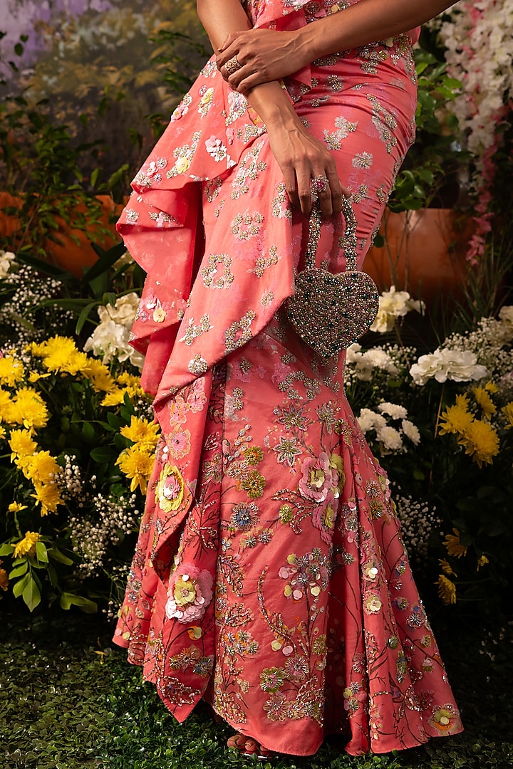 Pink Modal Satin & Organza Sequins Embroidered Pre-Draped Ruffled Reception Saree Set by MOLEDRO at Pernia's Pop Up Shop