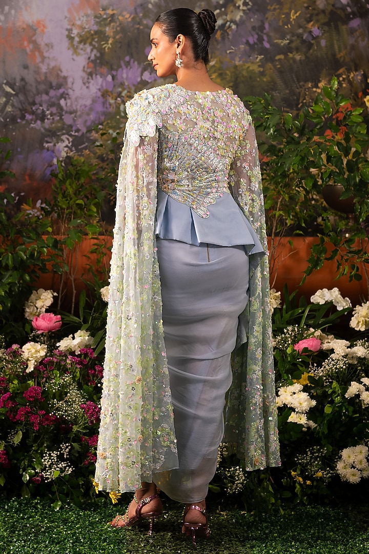Ice Blue Organza Pre-Draped Skirt Set by MOLEDRO at Pernia's Pop Up Shop