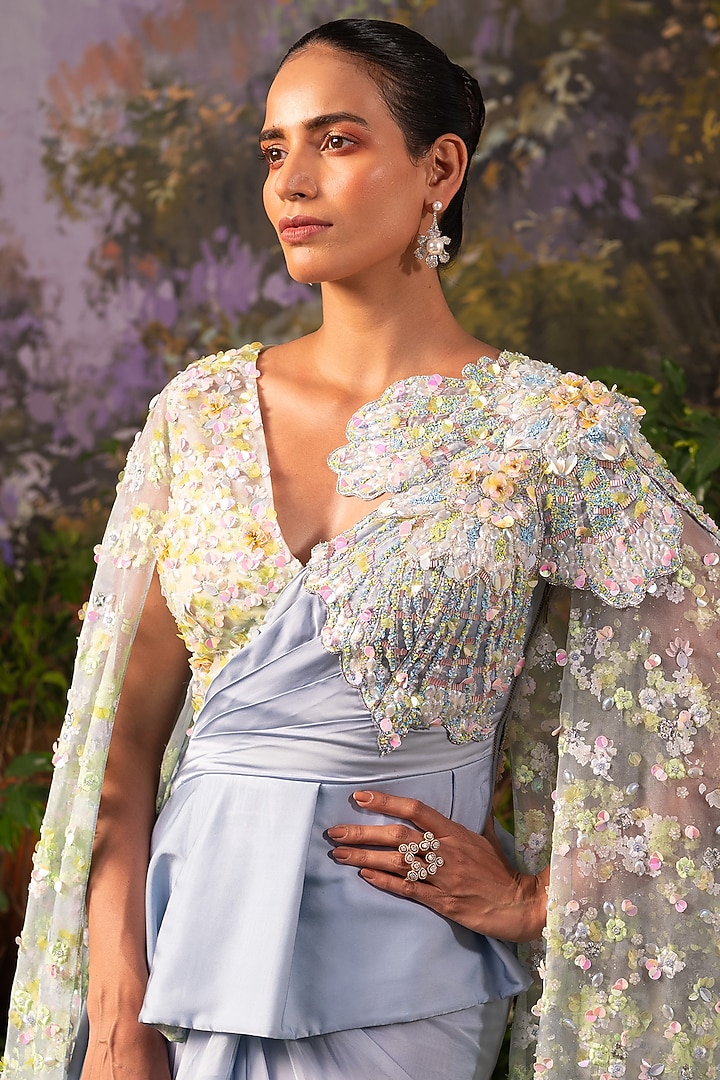 Ice Blue Organza Pre-Draped Skirt Set by MOLEDRO at Pernia's Pop Up Shop