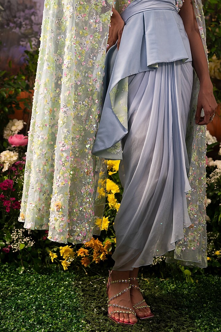 Ice Blue Organza Pre-Draped Skirt Set by MOLEDRO at Pernia's Pop Up Shop