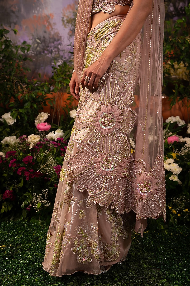 Blush Pink Brocade & Butterfly Net Floral Embroidered Pre-Draped Reception Saree Set by MOLEDRO at Pernia's Pop Up Shop