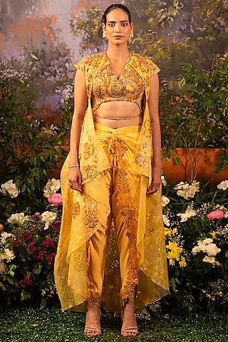 Apricot Organza Sequins Embroidered Cape Set by MOLEDRO