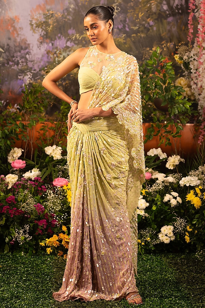 Sage Green & Blush Pink Georgette Crystal Embroidered Pre-Draped Saree Set by MOLEDRO at Pernia's Pop Up Shop